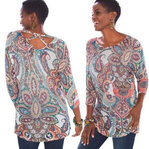 Womens‎ Scoop Neck Paisley Cross-Back  3/4-sleeves Sweater